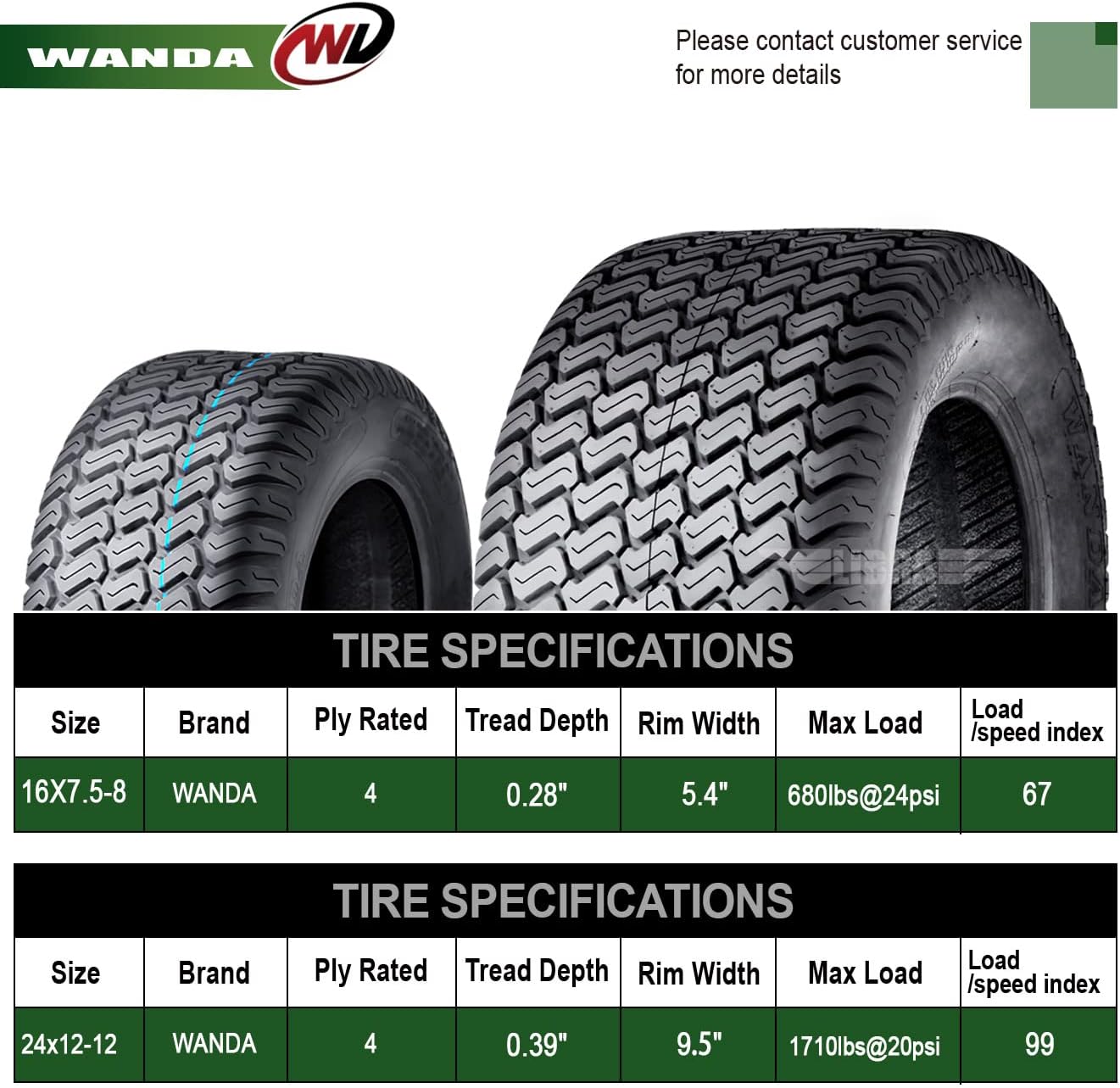 WANDA (Set 4) 16X7.5-8 & 24X12-12 Lawn Mower Tractor Cart Turf Tires 4 Ply-13020/13051