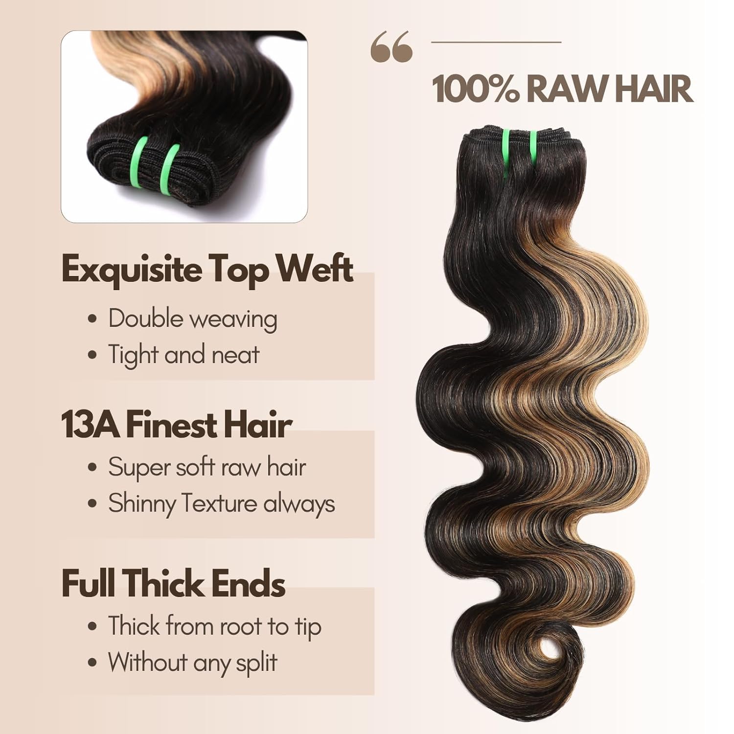 #F1B/27 Double Drawn Bundles Human Hair, 13A 100% Remy Human Hair Body Wave 20 Inch Single Bundle, Black with Highlights Thick Honey Blonde Colored Sew In Bundles Ombre Quick Weave Extension