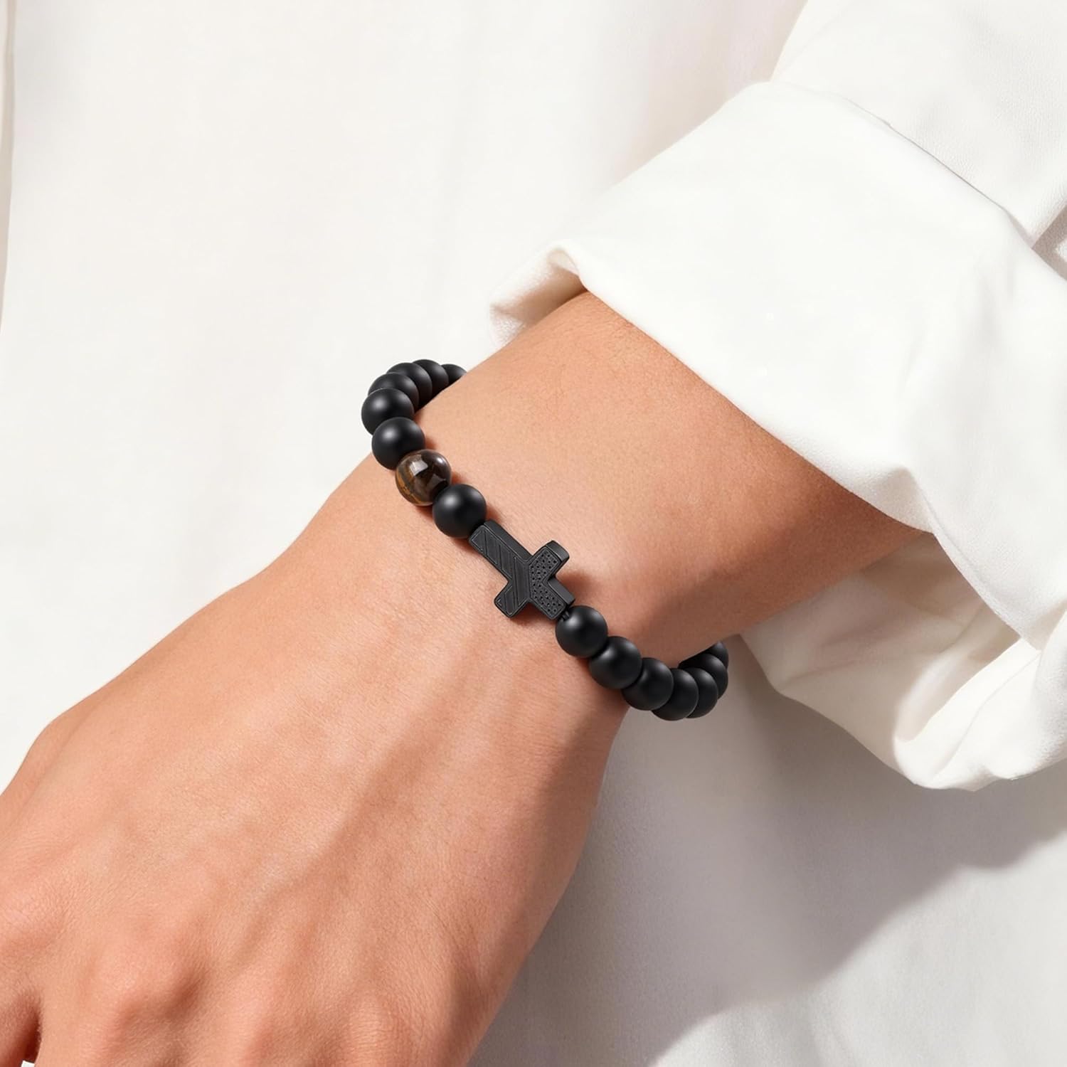 Cross Bracelets for Men Beaded Tiger Eye Natural Stone Bracelets Lava Rock Adjustable Black Triple Protection Bracelet Birthday Jewelry Gifts for Men Women - Image 2