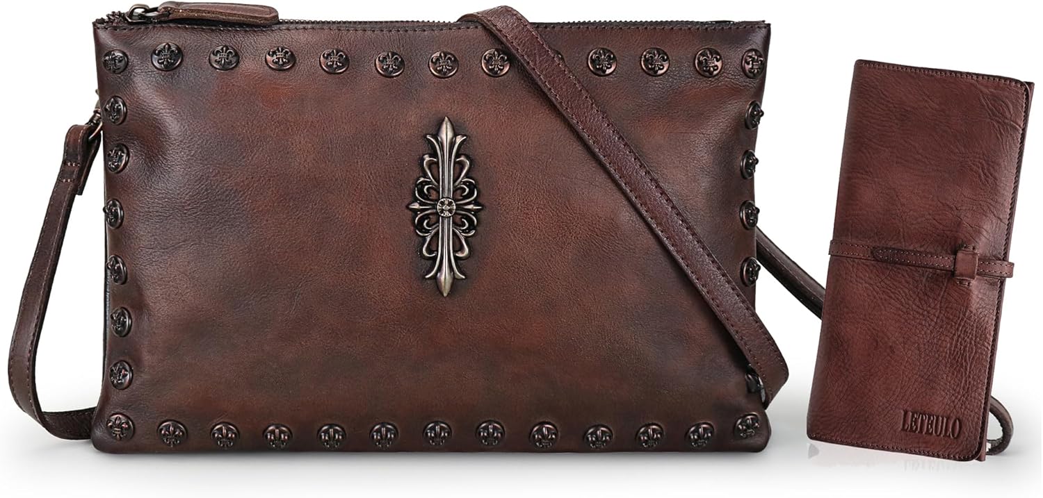 LETEULO Wallets for Women Genuine Leather Card Organizer Dip Dye Coin Purse Ladies Ultrathin Wallets (Coffee) AND Womens Crossbody Bag Vintage Shoulder Bag Leather Clutch Handbags Purse (Coffee, L)