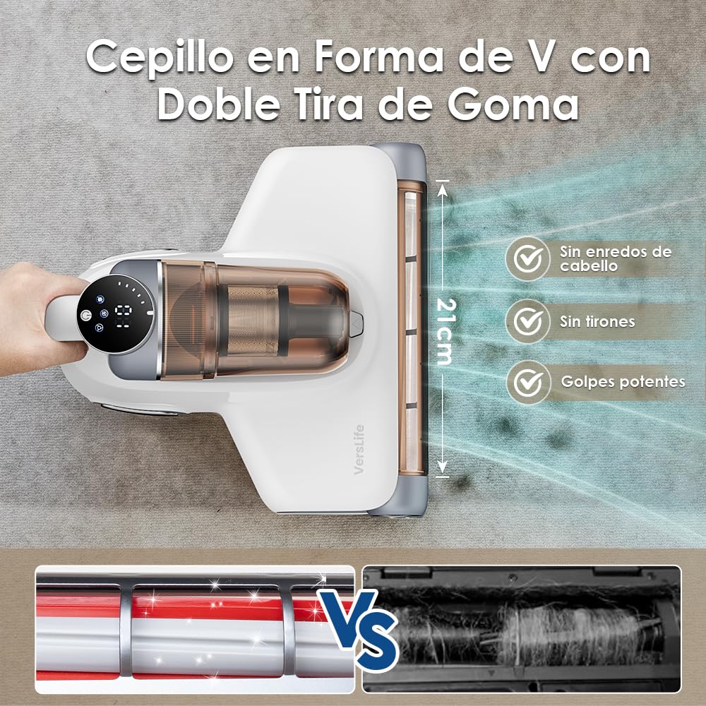 VersLife M6 Aspiradora Antiacaros para Colchones SIN Cable, 15kpa Aspirador de Ácaros Inalámbrico con Luz UV y Vibración, Aspirador de Mano Ligero, Aspiradora Antiácaros y Antibacterias para Cama