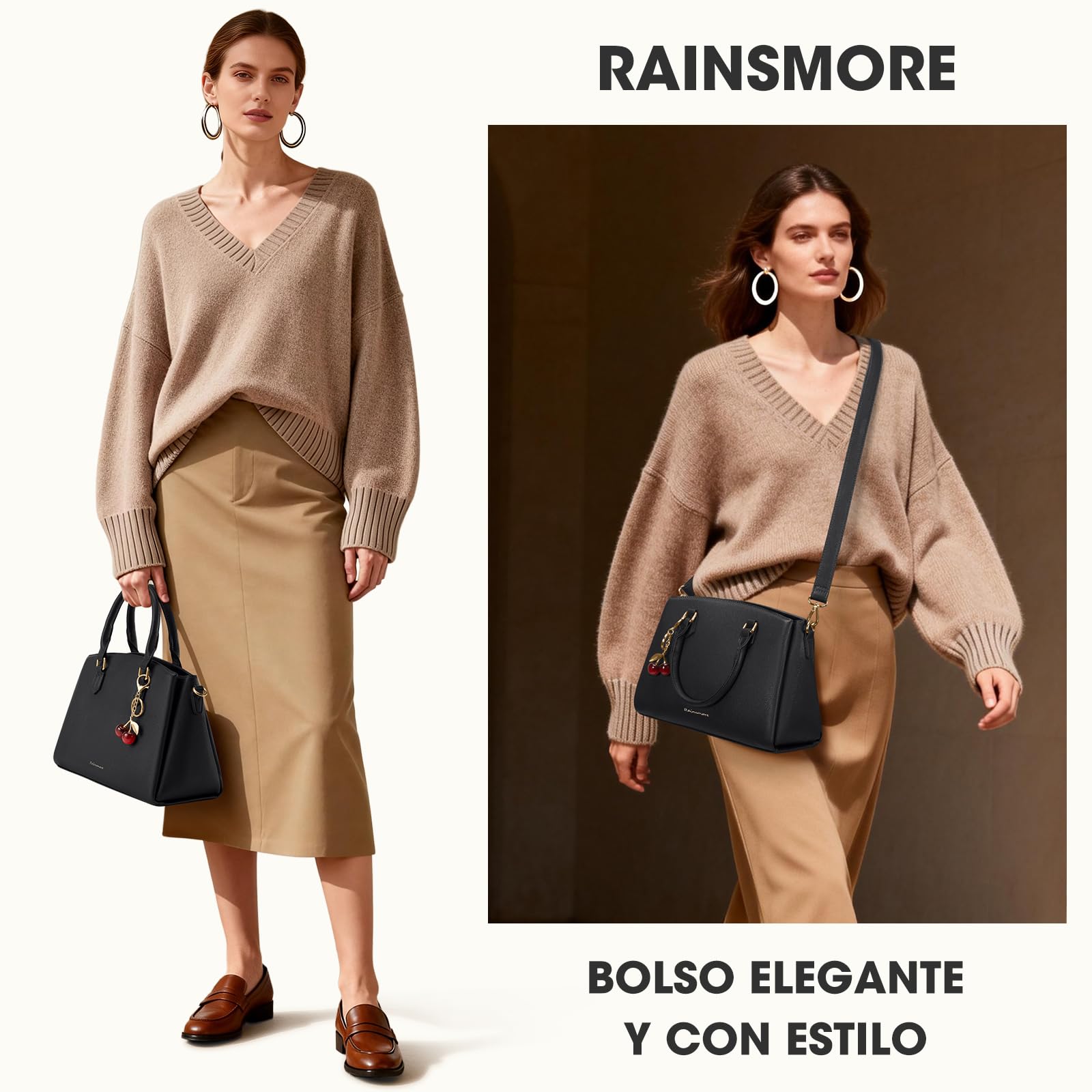 RAINSMORE Bolso Mujer de Piel PU Bolsos de Mano y Bandolera con Correa Ajustable para Tablet 11 Pulgadas Bolso Shopper Mediano para Trabajo y Oficina Diseño de Gran Capacidad Moderno Negro