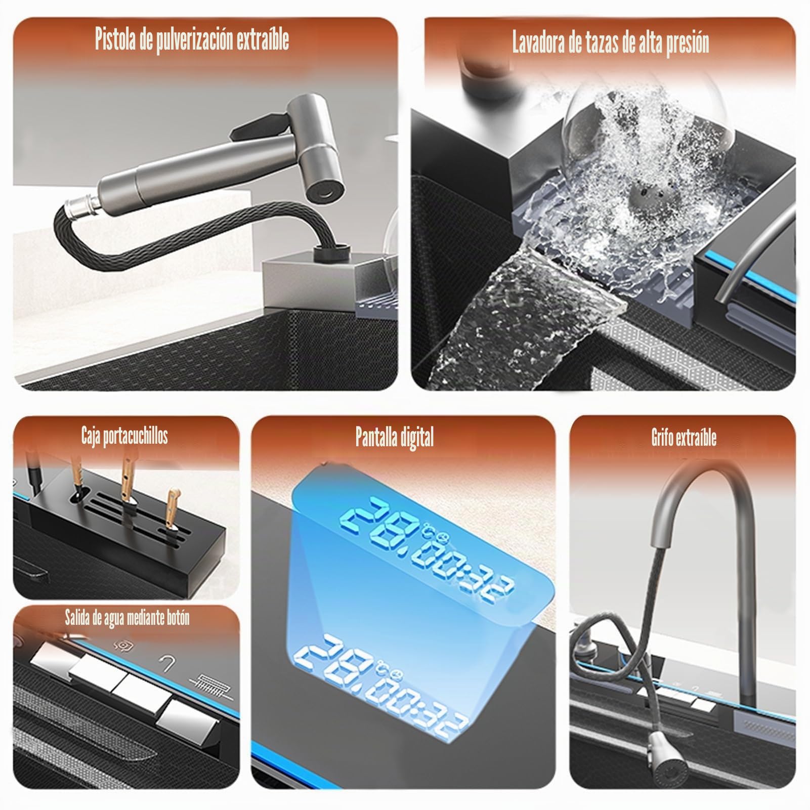 Fregadero de Cocina de 100 x 50 cm con Dos cascadas y Pistola pulverizadora de Alta presión, Fregadero de Cocina con Pantalla Digital, Fregadero de Acero Inoxidable con Caja portac