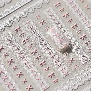 Lace Bowknot Nail Art Stickers 5D Embossed Nail Stickers Pink Bowknot White Lace 3D Self Adhesive Nail Art Supplies Decals Retro Sweet Bow Knot Vintage Manicure Sliders Accessories for Women Girls