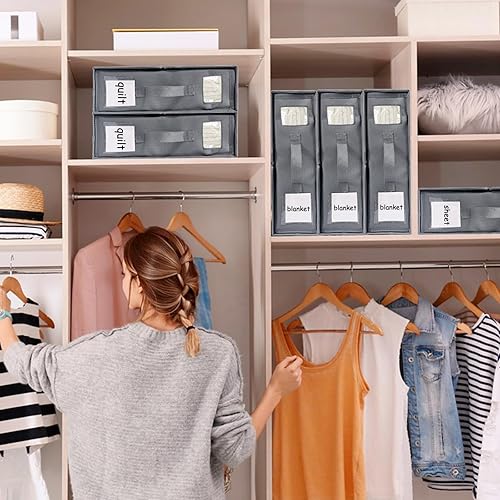 Miniatura 6 de Organizador y almacenamiento de sábanas de cama de 6 piezas, organizador plegable con manija de ventana etiquetada, cremallera, cubo gris, caja de