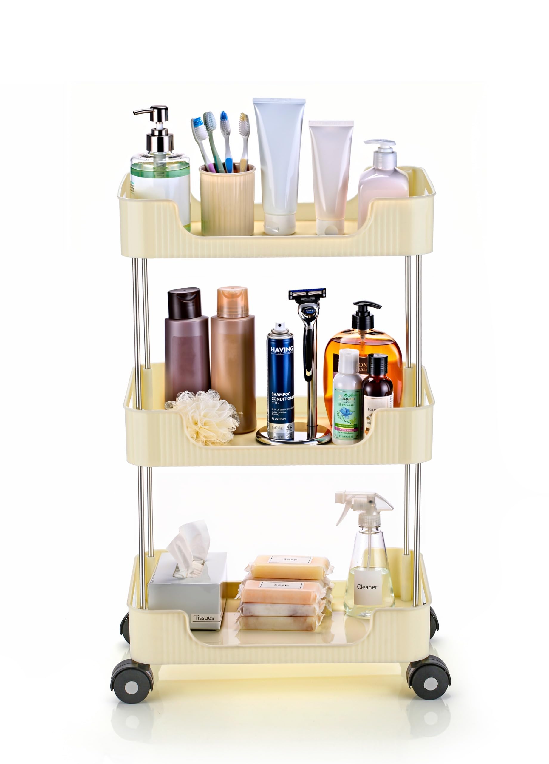 Xmart India 3-Tier Multipurpose Storage Organizer Rack with Wheels | Plastic Trays & Metal Frame | Kitchen Storage Basket Rack Movable Storage Trolley for Kitchen, Bathroom, Bedroom & Office (Ivory)-image-45