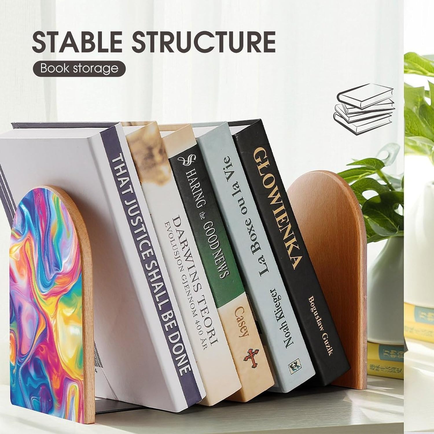 PsychedelicRainbow Cute Wood Book Ends Decorative Bookends 1 Pair Non-Skid for Shelves Home Office 7 X 5 Inch