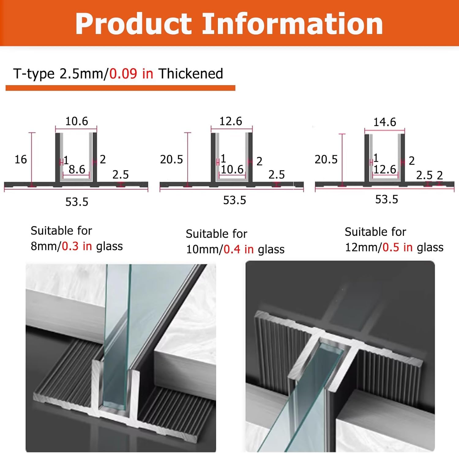Sliding Shower Door Bottom Guide 3.3ft，F/T-Type Aluminum Glass Tube Channels for Railing/Fence，Narrow Edges Invisible Shower Glass Channel Cutable(T-Type Black,2/5 in(1cm))