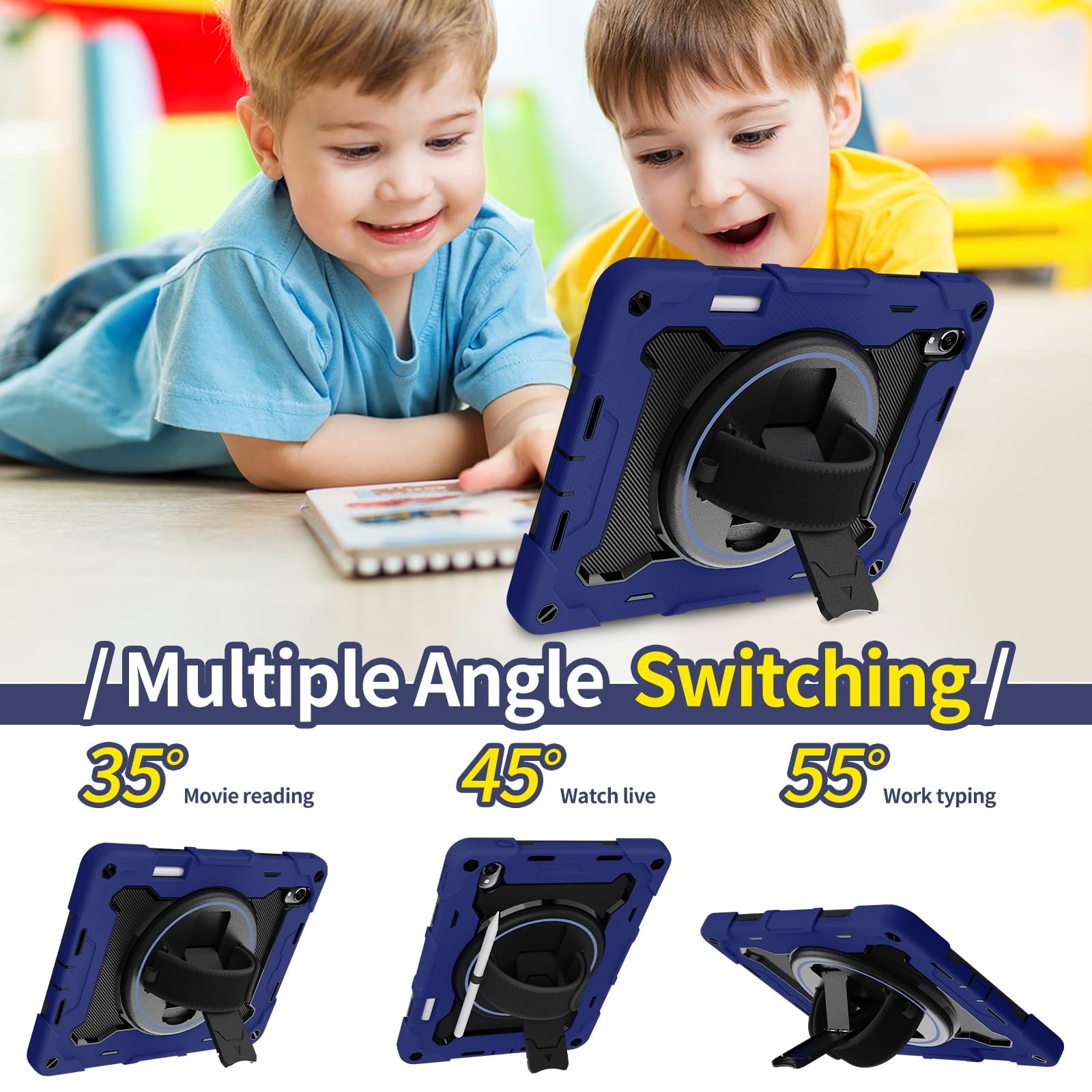 Custodia protettiva per tablet PC per bambini, compatibile con Huawei Matepad Air da 11,5 pollici, staffa elastica multi-angolo + cinturino girevole regolabile a 360° guscio infrangibile tre in uno, a