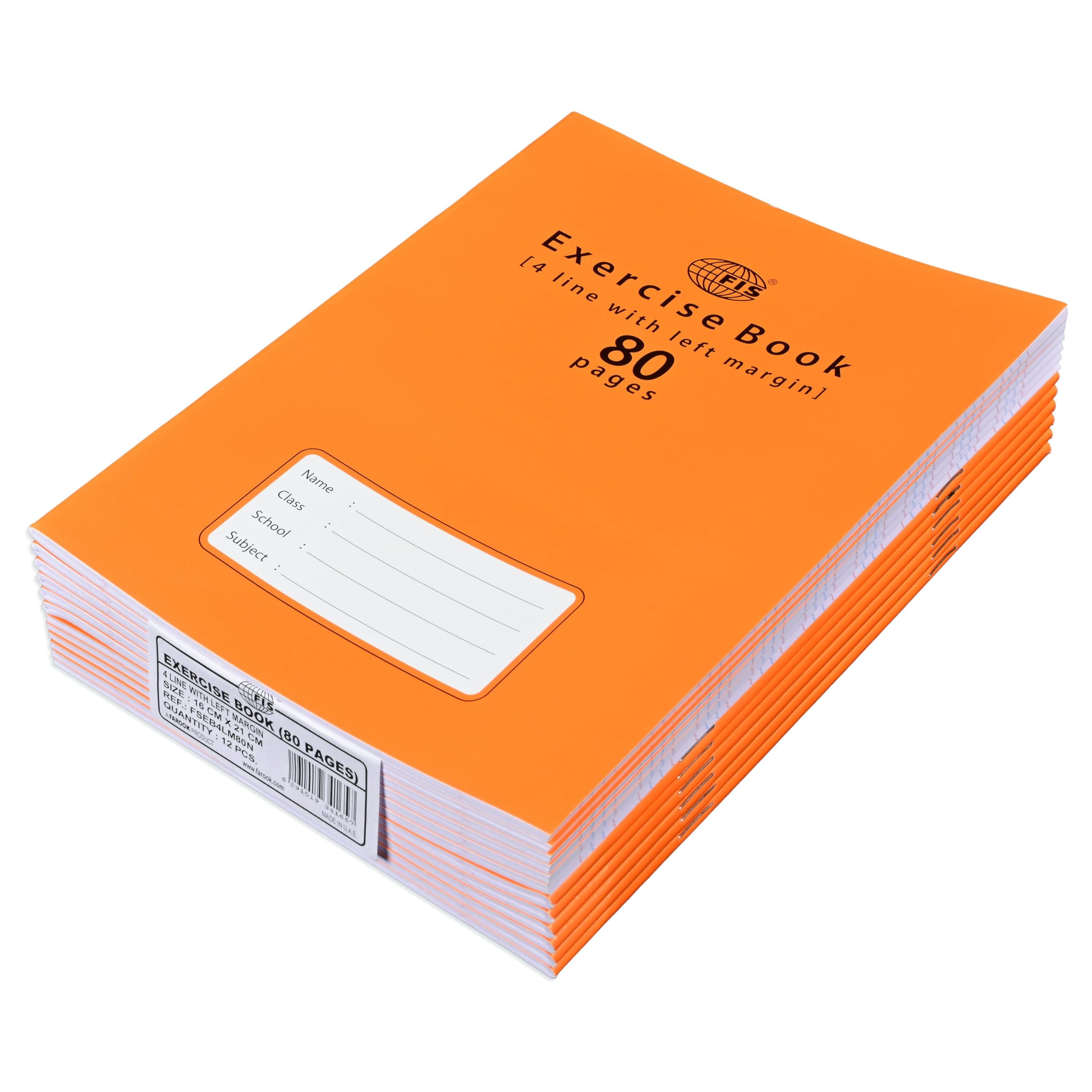 FIS® Exercise Book, Size 165x210mm, 40 Sheets, 80 Pages, 4 Line with Left Margin, Packet of 12 Pieces, Neon Orange Cover with Mathematical Info-FSEB4LM80N