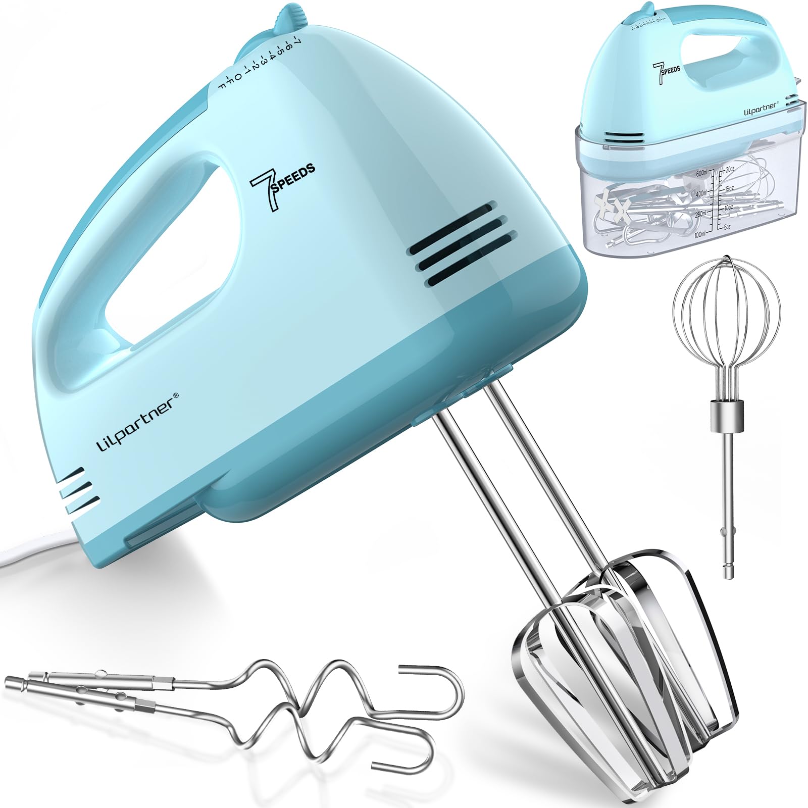 LILPARTNER Electric Hand Mixer with Storage Box, Ultra Power Kitchen Hand Mixer With 7-Speed &amp; 5 Stainless Steel Accessories for Whipping Dough, Cream, Cake, Dishwasher Safe, LIGHT BLUE BOX