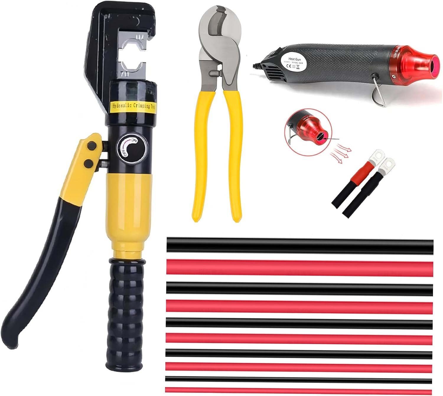 Hydraulic Crimping Tool,with Cable Cutter & 9 Dies,Dattery Terminal Cable Crimper tool for 12 to 2/0 AWG, With Mini Heat Gun and Heat Shrink Tubing