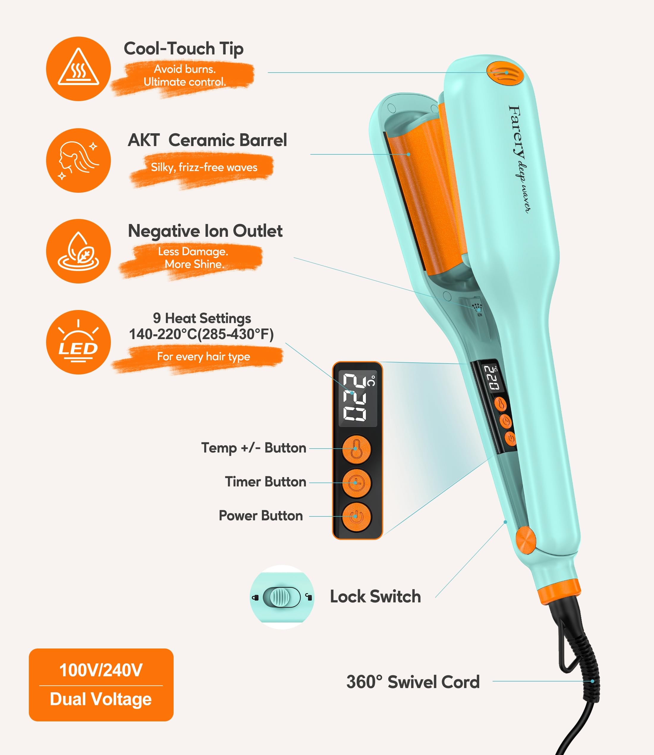 Ondulador de cabello Farery de 25 mm – Rizador de ondas profundas con tecnología iónica, tres tubos con calor uniforme y cable giratorio 360° para crear ondas playeras de forma segura y sencilla.