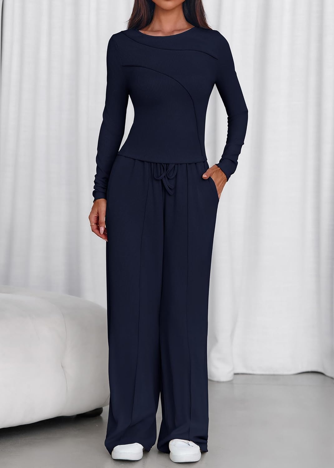 Lazysmile Lounge Sets For Women 2 Piece Sets Fall Outfits Long Sleeve Tops with Wide Legs Pants Casual Matching Set - Image 8