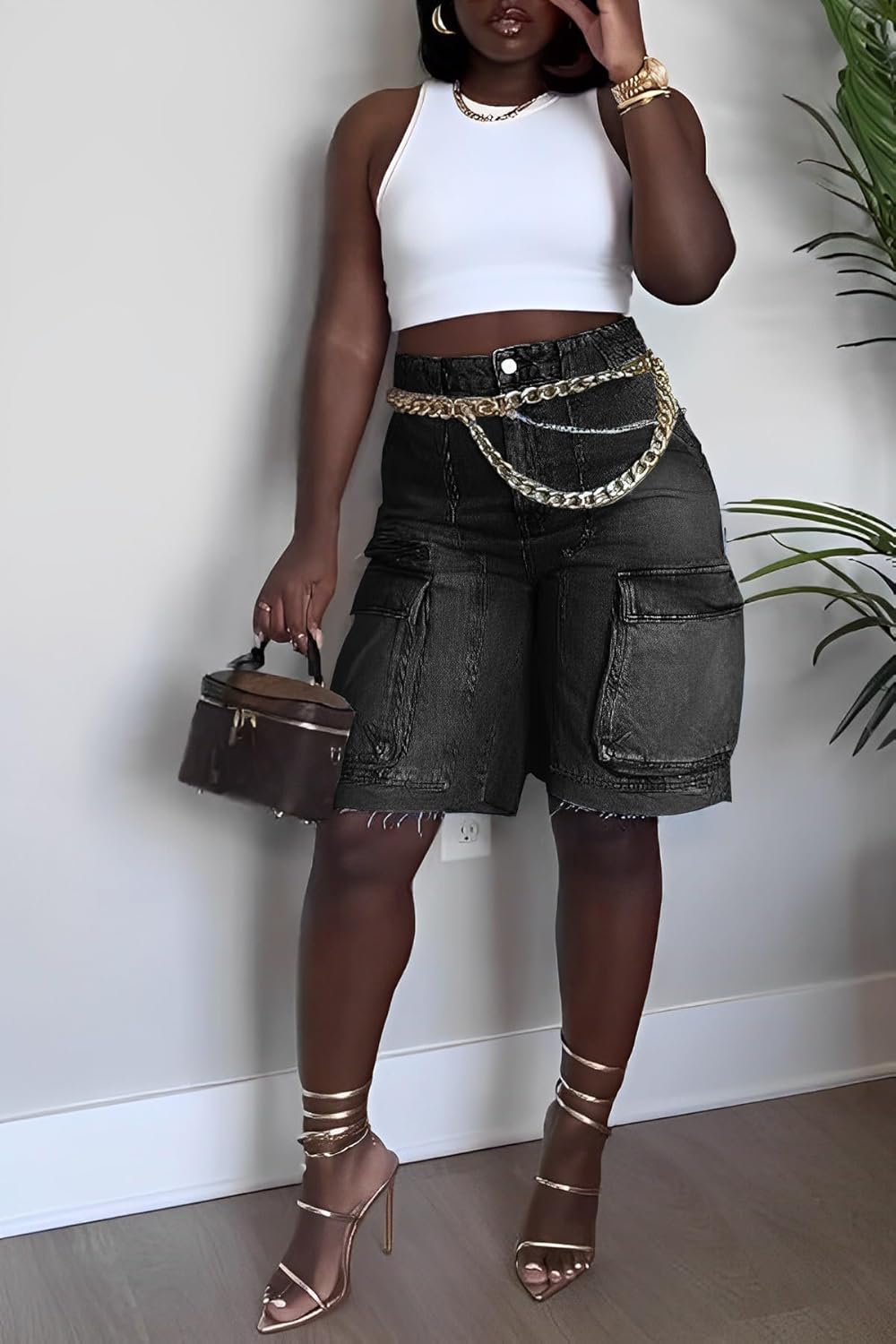 Denim Shorts Women High Waisted Summer Bermuda Stretchy Cargo Jean Casual Baggy Raw Hem Jorts with Pockets for Women - Image 2