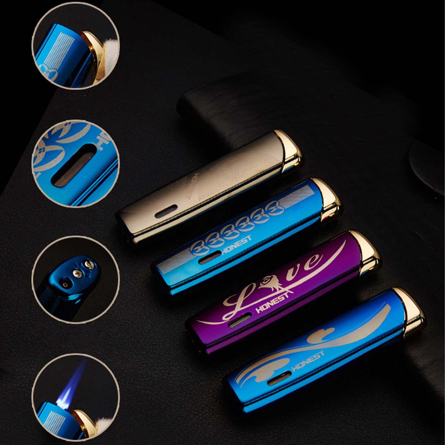 Paquet de 2 Briquet en Métal à la Mode Forte Flamme Rechargeable avec Fenêtre de Niveau de Carburant Mini Cadeaux pour Hommes (Butane Non Inclus)