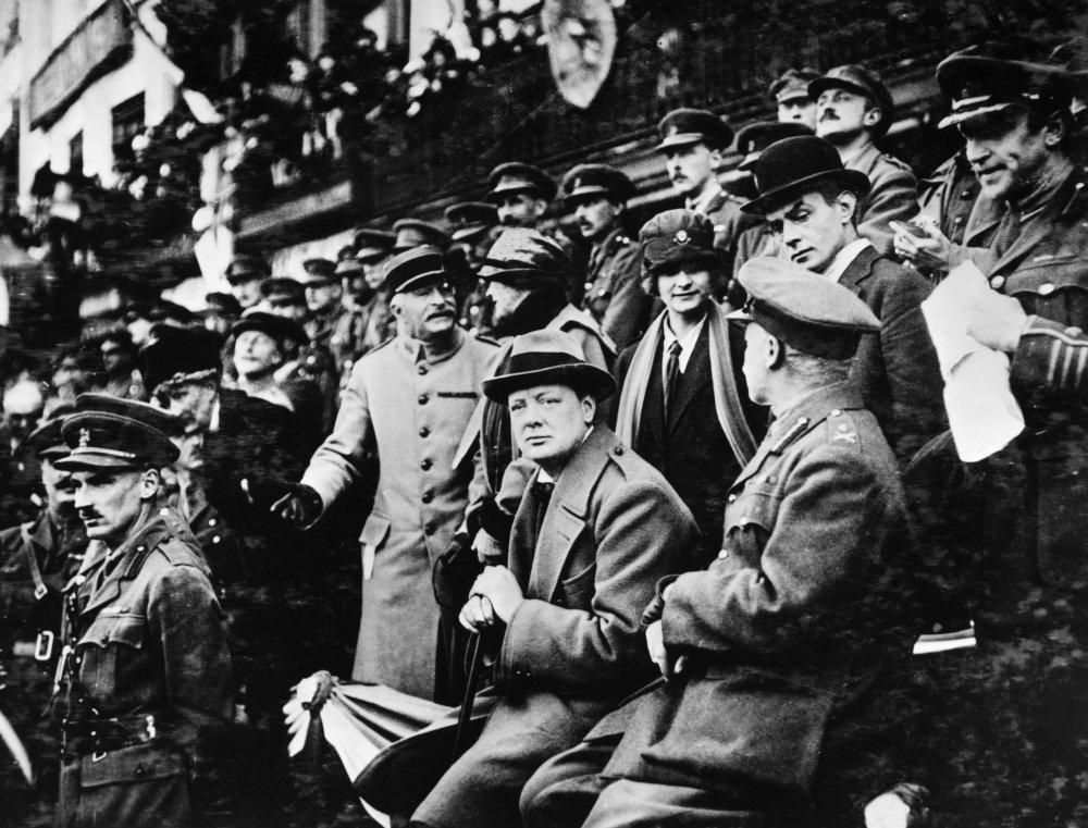 Winston Churchill N(1874-1965) Sir Winston Leonard Spencer Churchill English Statesman And Writer Churchill (Center) As British Minister Of Munitions Watching The March Past Of The 47Th Division At A