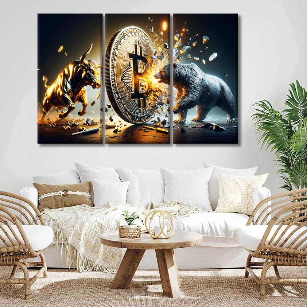 Amazon.com: Bull Vs Bear Painting 3 Piece Golden Bull vs Silver Bear with  Bitcoin Canvas Poster Print Modern Wall Art Painting Bitcoin Picture Living  Room Home Decoration Art 20x40inchx3: Posters & Prints
