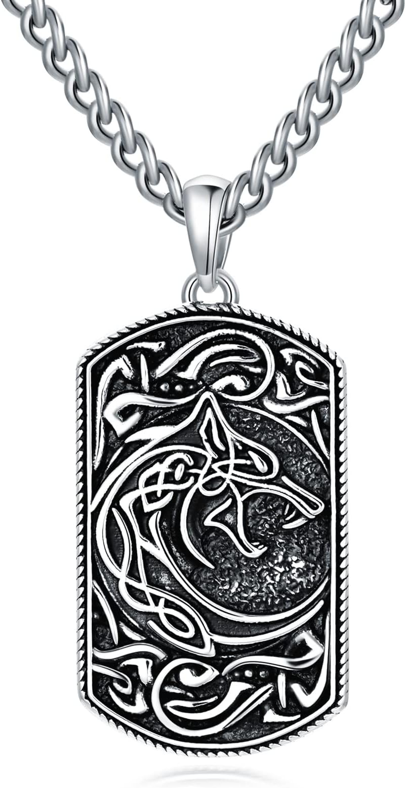 POTOPYYWolf Necklace 925 Sterling Silver Celtic Knot Wolf Medallion Pendant Viking Wolf Jewelry Gifts for Men