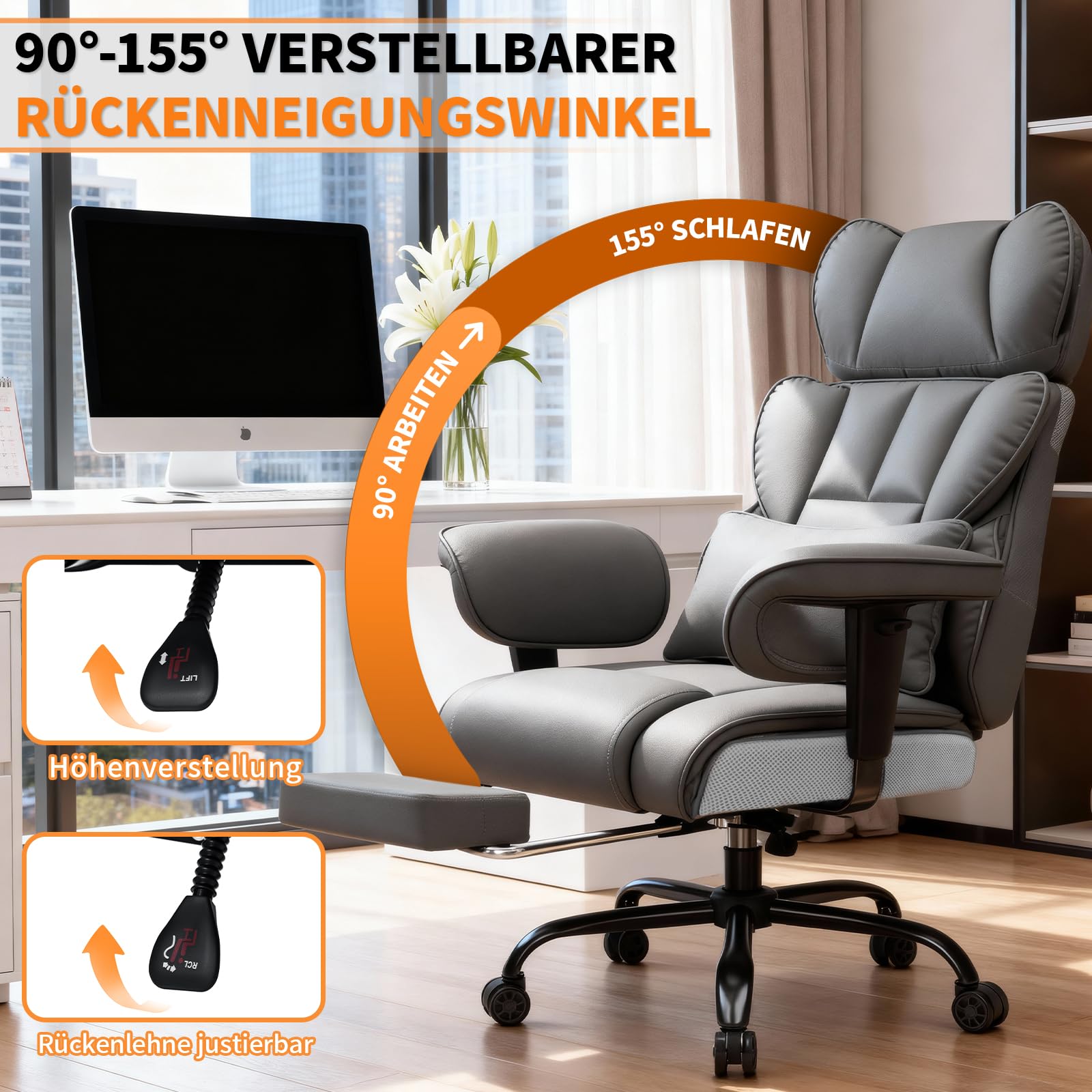 HOFFREE Ergonomischer Bürostuhl mit Fußstütze für Büro(Hellgrau) | PU Leder Chefsessel mit 155°Liegefunktion,Verstellbare Armlehnen und Kopfstütze,Gaming Stuhl 200kg für Schlafzimmer
