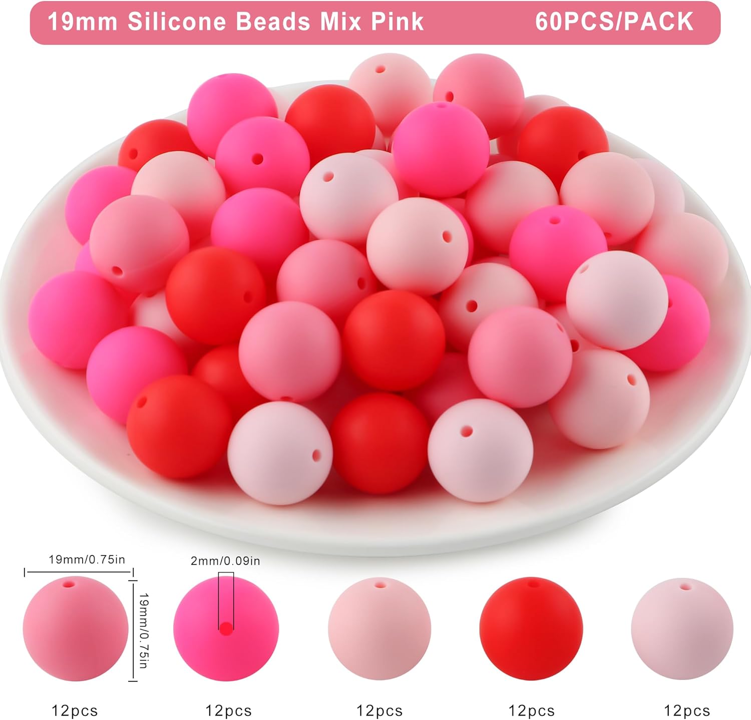60pcs 19mm Silicone Beads for Keychain Making Mix Color Round Beads for Pens and Bracelet Crafts(Pink) - Image 2