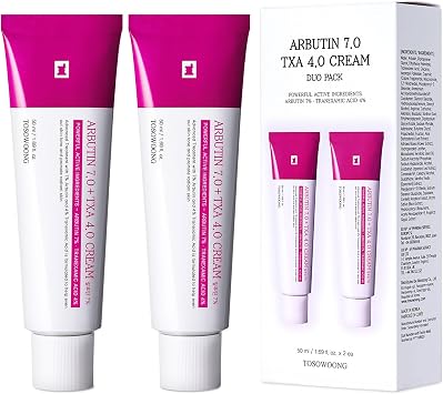 TOSOWOONG Arbutin 7% + Tranexamic Acid 4% Cream for Dark Spots, Brightening | 70,000ppm Arbutin + 40,000ppm TXA, Niacinamide, Glutathione for Blemishes, Glow, Korean Skincare, 50ml/1.69 fl oz, Pack of 2