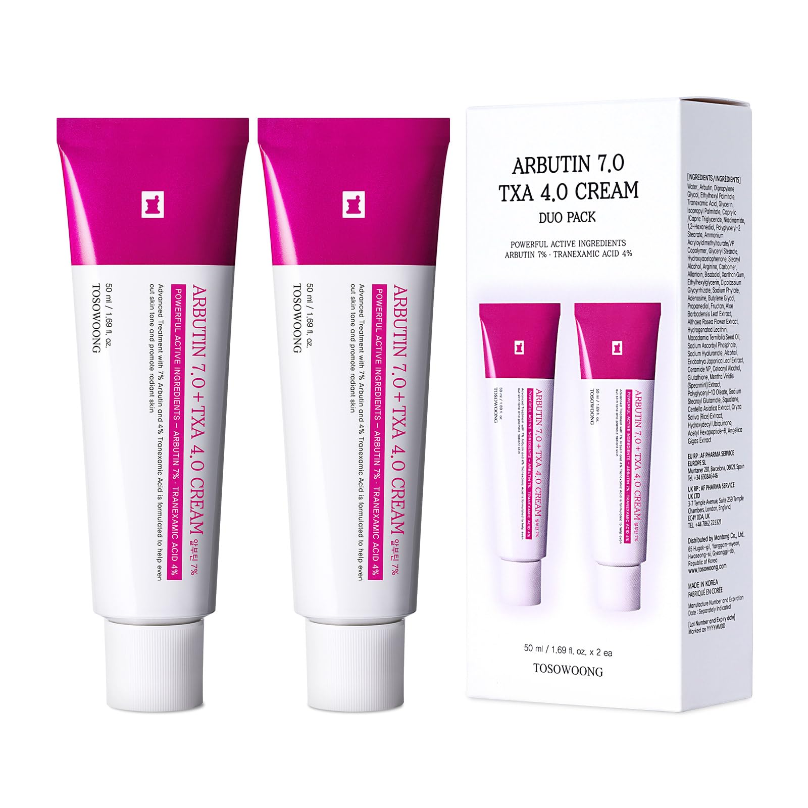 TOSOWOONG Arbutin 7% + Tranexamic Acid 4% Cream, Krem Rozświetlający i Wyrównujący Koloryt, Przebarwienia, Plamy, Piegi, z Niacynamidem, Koreańska Pielęgnacja, 50ml, Zestaw 2 szt.