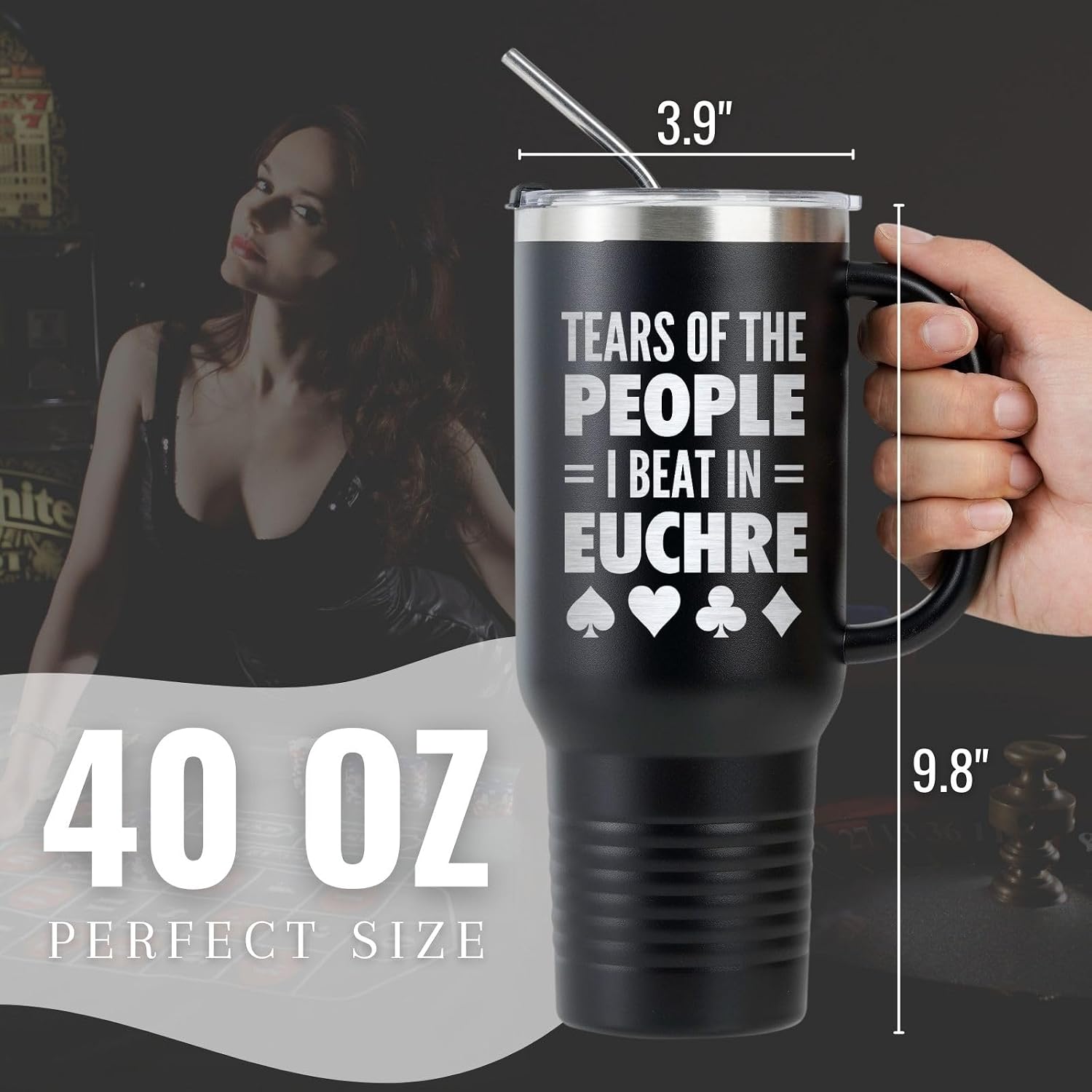 Onebttl Euchre Gifts, Gifts for Poker Lovers, Insulated 40oz Stainless Steel Tumbler with Handle and Straw, TEAR OF THE PEOPLE I BEAT IN EUCHRE