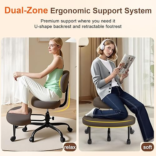 Miniatura 7 de Silla de oficina con patas cruzadas con ruedas, silla ergonómica giratoria ancha de meditación arrodillada con soporte de respaldo y altura