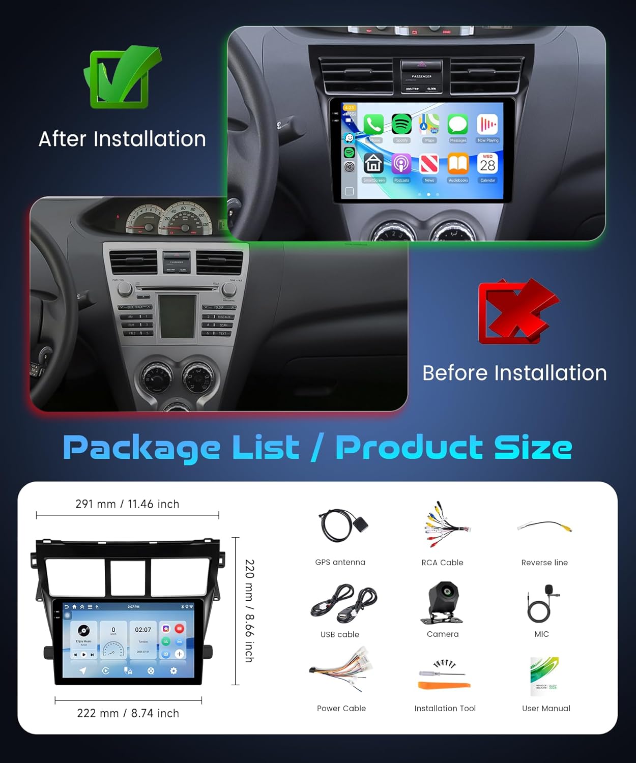 4+64G Android 15 Car Stereo Radio for Toyota Yaris Vios 2007-2014 with Wireless Carplay Android Auto, 9'' in-Cell Screen Head Unit with GPS/Bluetooth 5.0/FM RDS/EQ/Wi-Fi Mirror Link Backup Camera SWC