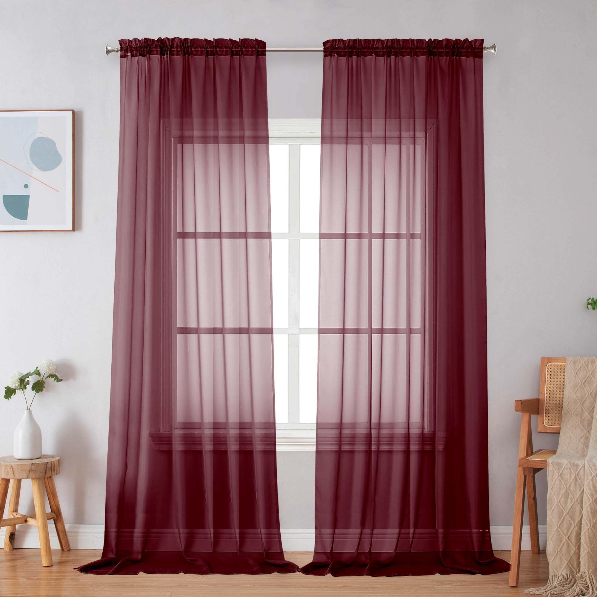 Simplebrand Burgundy Red Sheer Curtains 96 Inches Long 2 Panels for Bedroom