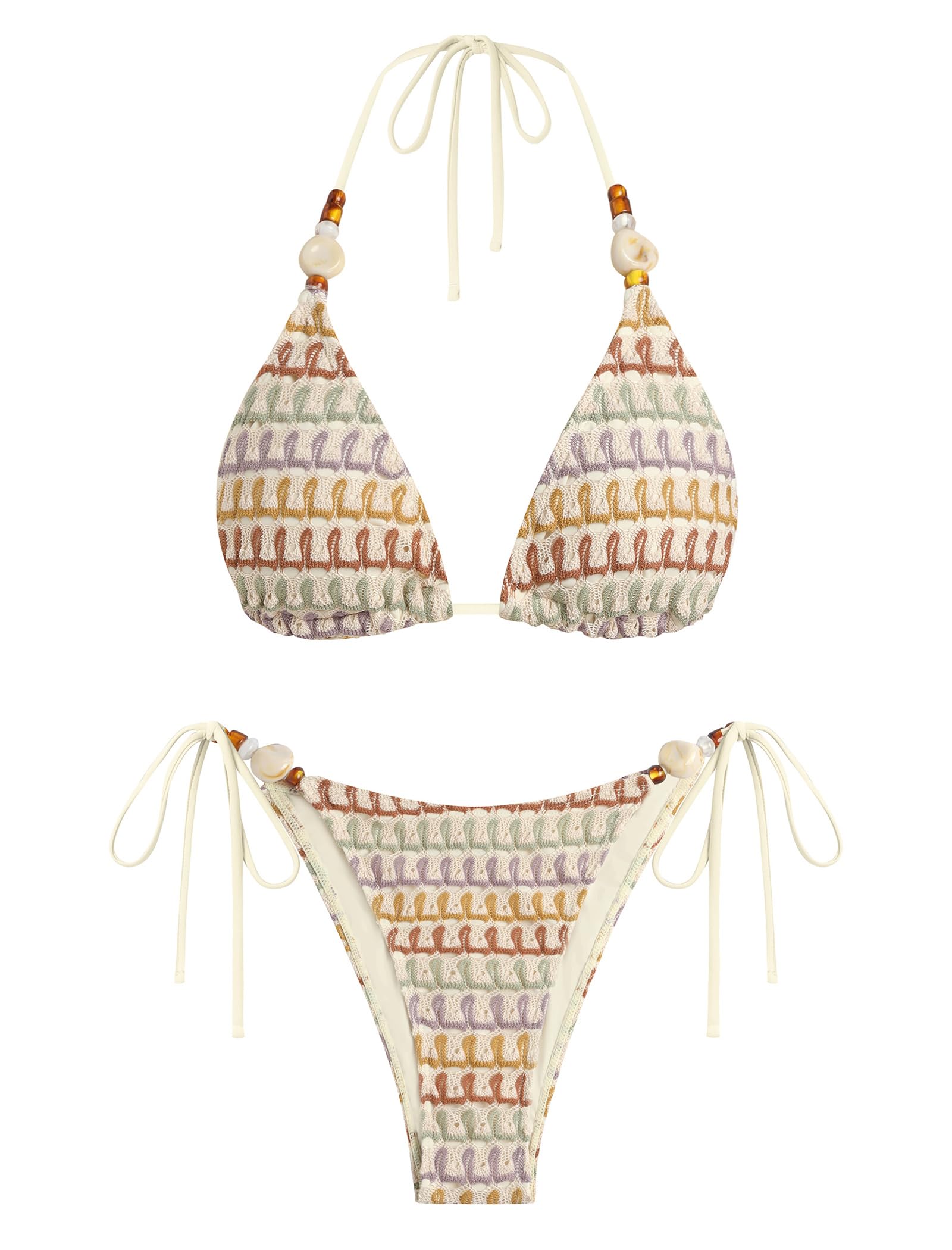 Photo 1 of ZAFUL Swim Suits for Women 2026 Thong Bikini Sets Triangle Bikini with Sexy Bathing Suit Bottoms 2 Piece Cheeky String Bikini Retro Brazilian Beads Striped Self Tie Backless Simsuits Apricot M