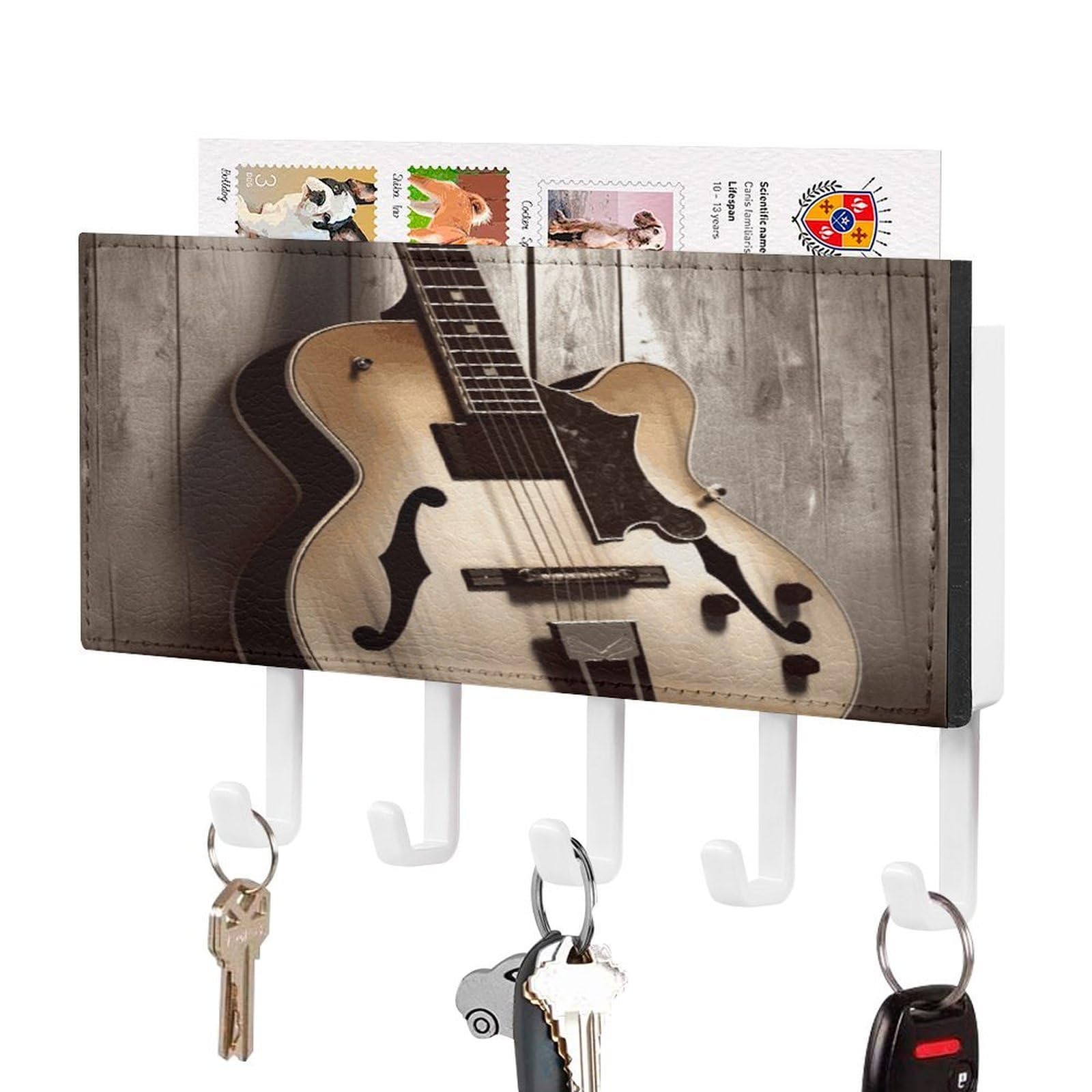 Fekiloot White-Style Guitar Pictures Key Holder Wall Mount Key Hanger With 5 Hooks Decorative Key Rack Hanging Key Hooks With Mail Organizer Key Holder For Wall Living Room Kitchen Bathroom Hallway White
