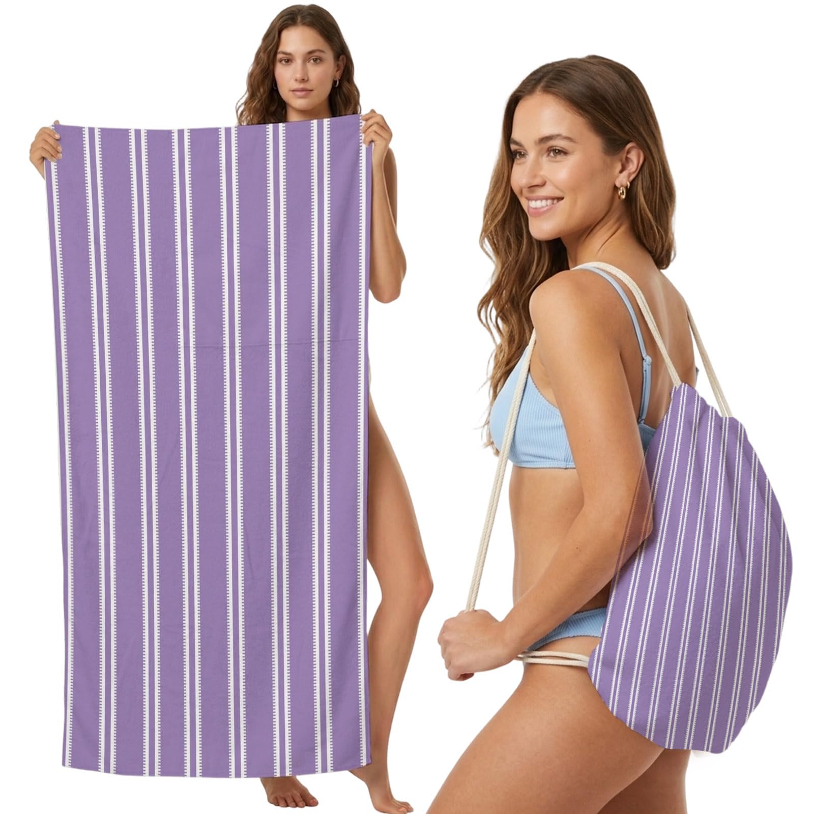 Beach Towel Bag 2 in 1 Lavender Vertical Striped Bath Pool Towels Backpack Pinstripes Lines Absorbent Beach Towel Soft Quick Dry Lightweight Packable Towels Drawstring Bag for Travel Sports Yoga
