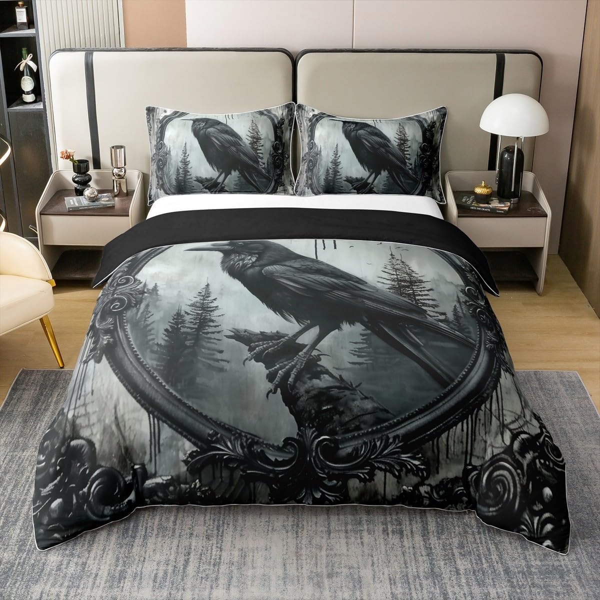 Erosebridal Halloween Crow 100% Cotton Duvet Cover King Black Raven Bird Animal Bedding Set for Adults Men Women Gothic Retro Halloween Comforter Cover Woodland Wildlife Crow Bed Set 3 Pcs