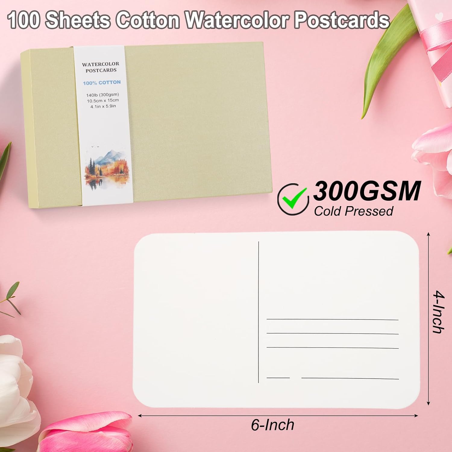 PATIKIL 100 Sheets Watercolor Postcards, 100% Cotton 4x6 Inch Blank Rounded Corners Water Color Paper Post Cards Cold Pressed for Mailing Art Painting Drawing, 140lb/300 GSM (Beige-Medium)