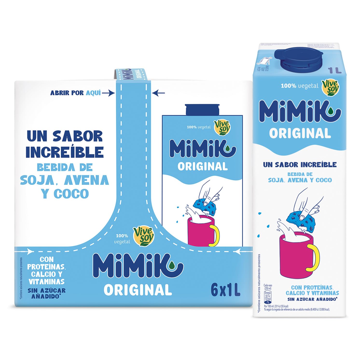 Pascual Mimik Original - Bebida 100% vegetal hecha con Soja, Avena y Coco. Sin Azúcar Añadido - Con Proteína, y fuente de vitaminas B12 y D. Pack 6 Briks x 1L