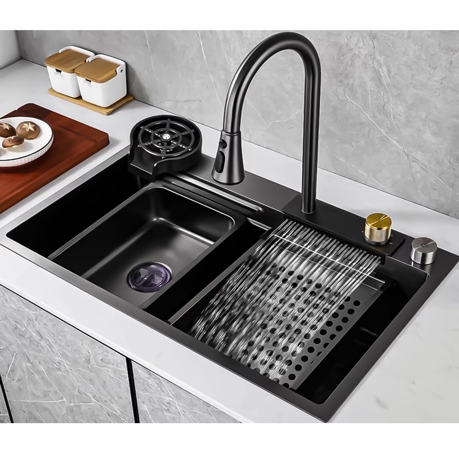 ZQFHSX Kitchen Sink, Workstation Waterfall Nano 304 Stainless Steel Single Bowl Sink with Pull-Out Tap, Pressurised Cup Washer and Other Accessories Dishwashing (Color : Black, Size 8