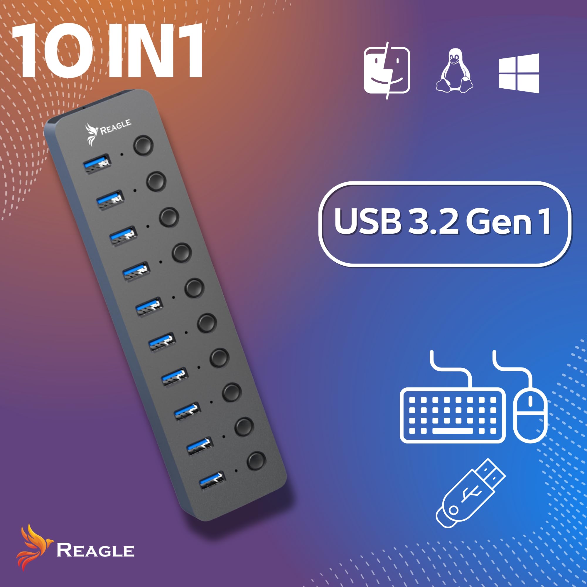 Reagle HUB 10IN1 USB 3.2 Gen 1 Hub mit 10 Ports 10 Daten, 5 Gbps Datenübertragung, 36W Netzteil, Einzelschalter pro Port, Plug & Play, LED-Anzeigen, Aluminiumgehäuse