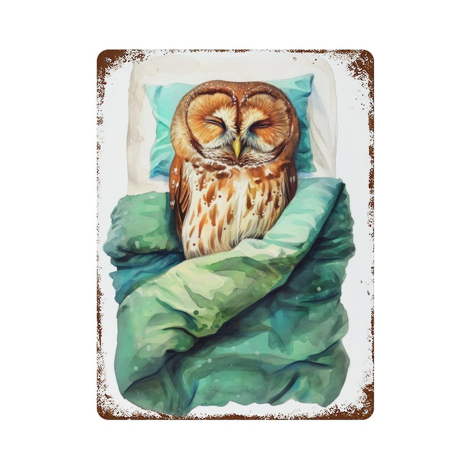 Sleeping Owl Bird Art Rust Effect Tin Sign 15.7"x11.8", Novelty Wall Decor for Garage, Pub Or Kitchen