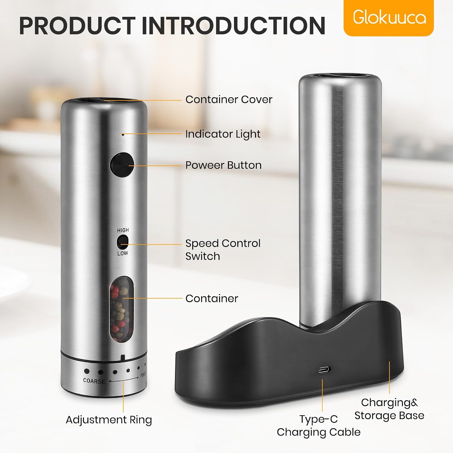 Electric Salt Grinder Set with Rechargeable Base Stainless Steel Grinders with Variable Grinding Speed, External Adjustable Coarseness and White LED Light, Silver