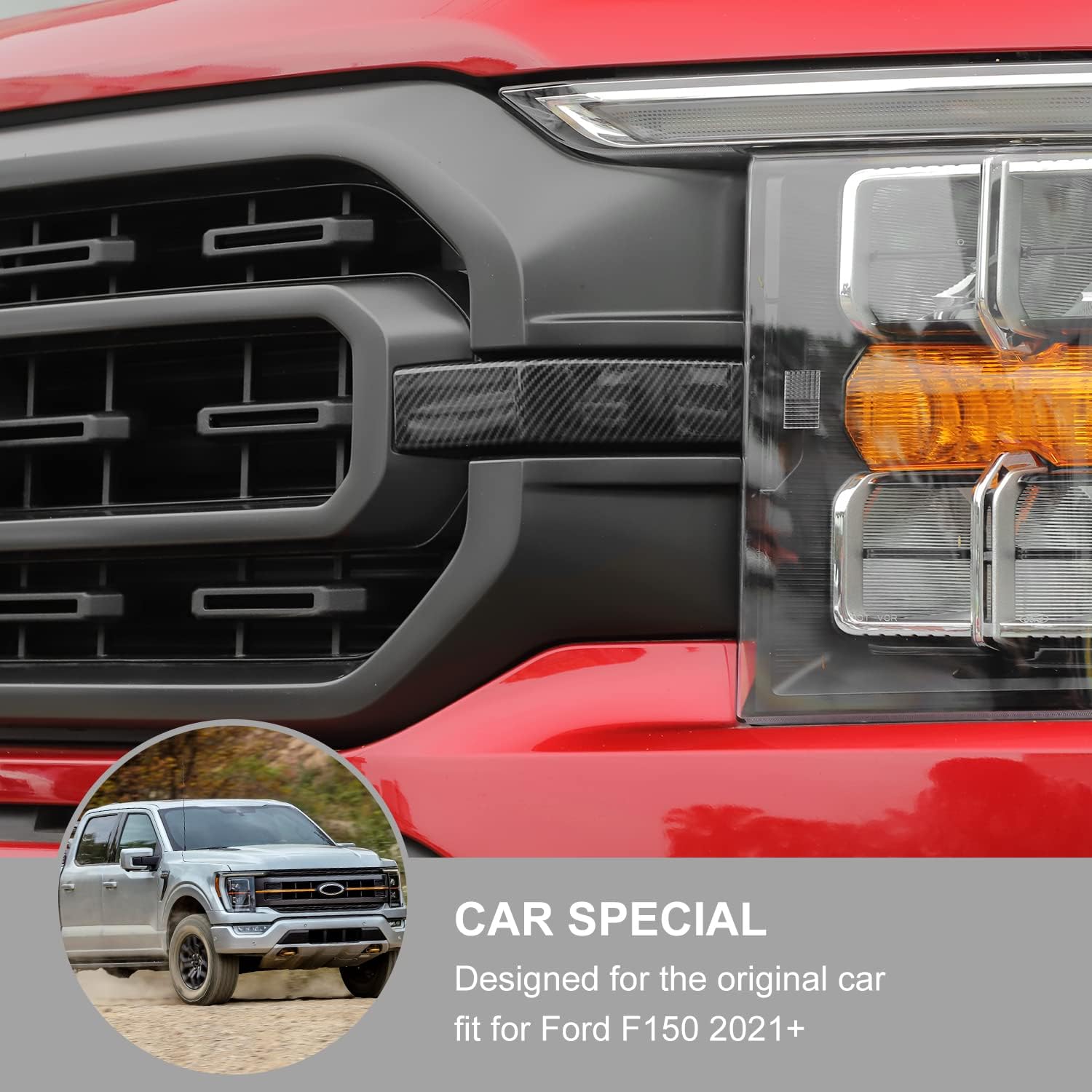 Jimen Compatible with Ford F150 2021-2023, Front Grille Cover Trim Exterior Accessories (Carbon Fiber)