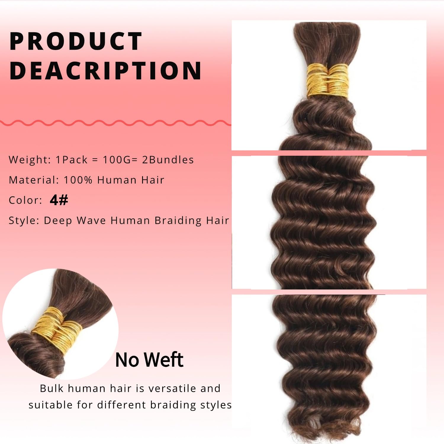 Chocolate Brown Human Braiding Hair For Boho Braids 4# 100g Deep Wave Bulk Human Hair for Braiding 12A No Weft Curly Human Hair Extensions Wet and Wavy Boho Hair for Braiding (4#-Deep Wave, 18 Inch)