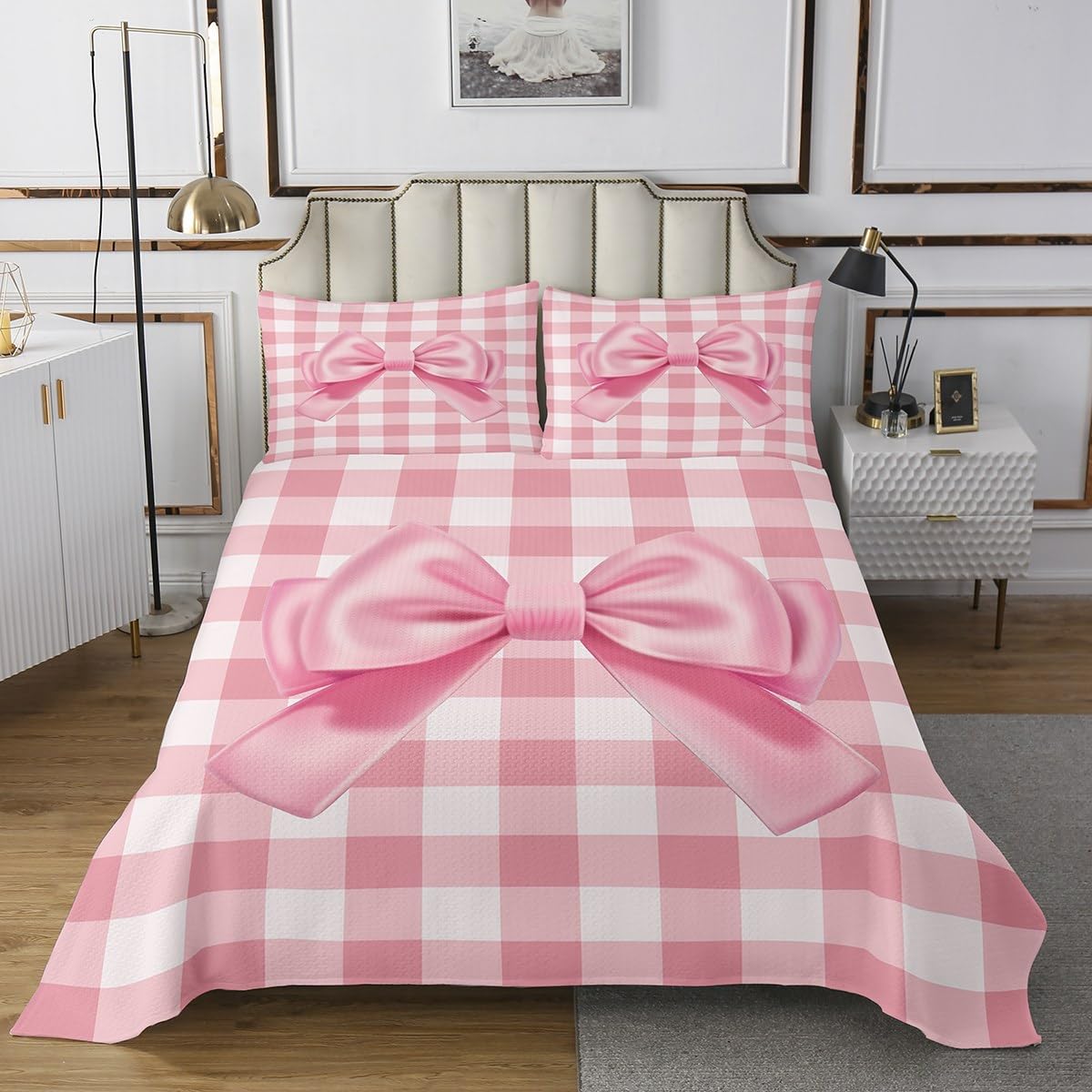3D Bowknot Bedspread Twin Size Pink Checkered Grid Coverlet Set Kids Room Present Girly Dreamy Themed Bedroom Decor Bedding Set Cartoon Bow Bedding with 1 Pillowcase
