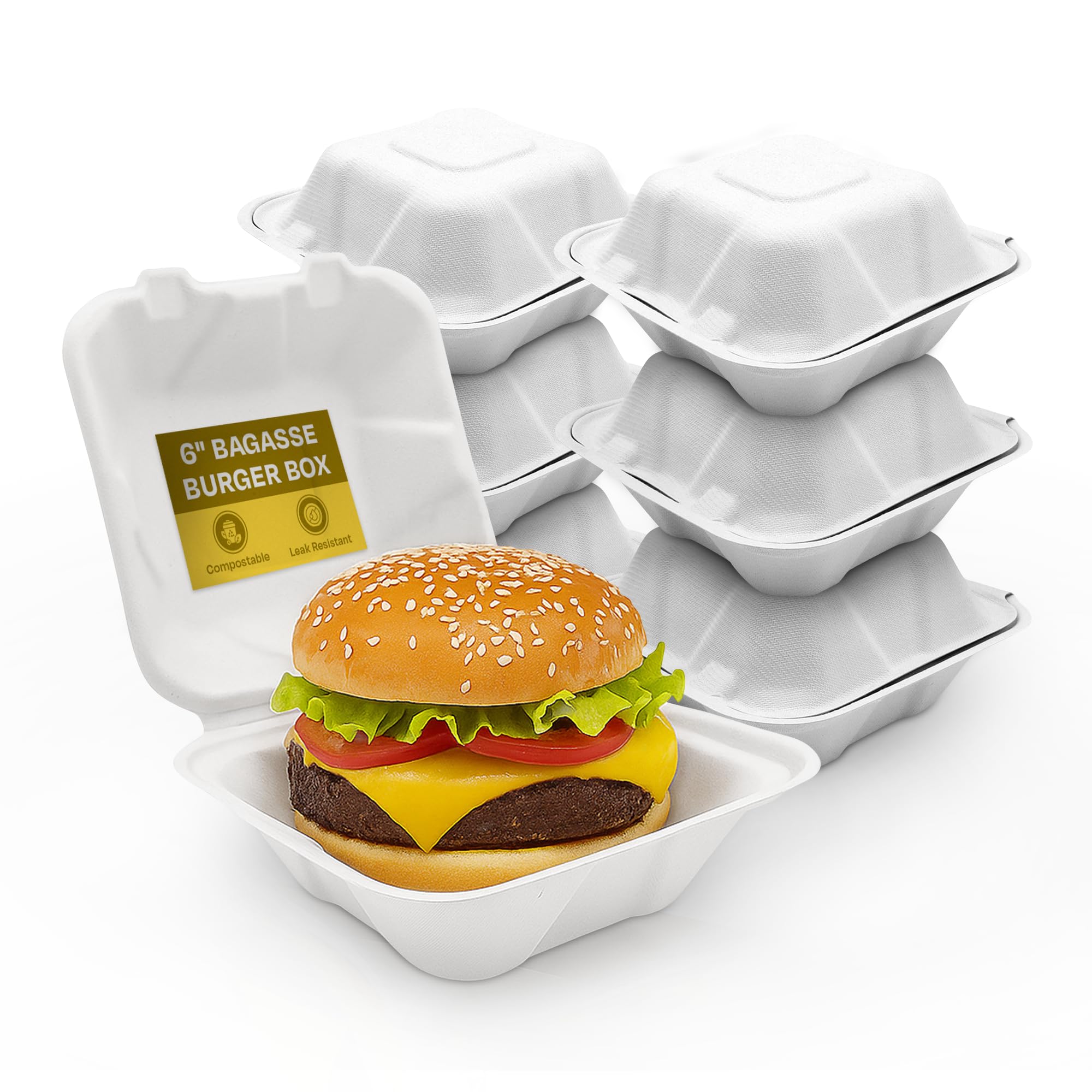 We Can Source It Ltd - Bagasse Disposable Takeaway White Burger Box - 6" Sugarcane Food Tray Perfect for Takeaways, Festivals, Carnivals, Cafes - Takeaway Boxes (400)