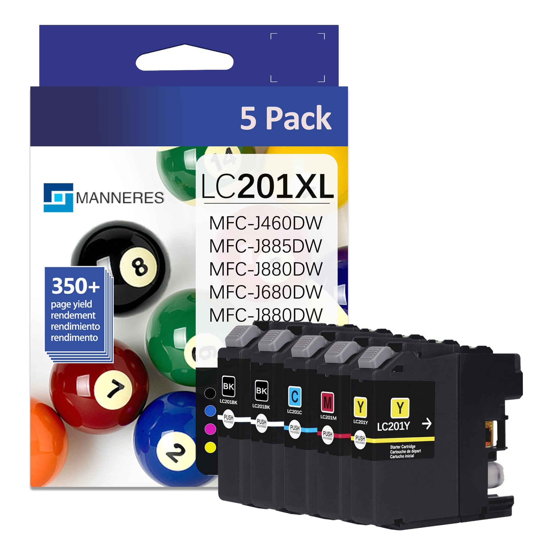 LC201XL High Yield Ink Cartridges (2BK/1C/1M/1Y, 5 Pack) Compatible for Brother LC201 LC201BK LC203 XL Ink Cartridge Work with MFC-J480DW MFC-J485DW