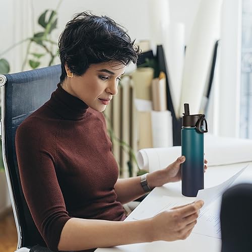Miniatura 7 de Volhoply Botella de agua aislada de 24 onzas con popote a granel, paquete de 3, botellas de agua de metal de boca ancha con asa que mantienen el
