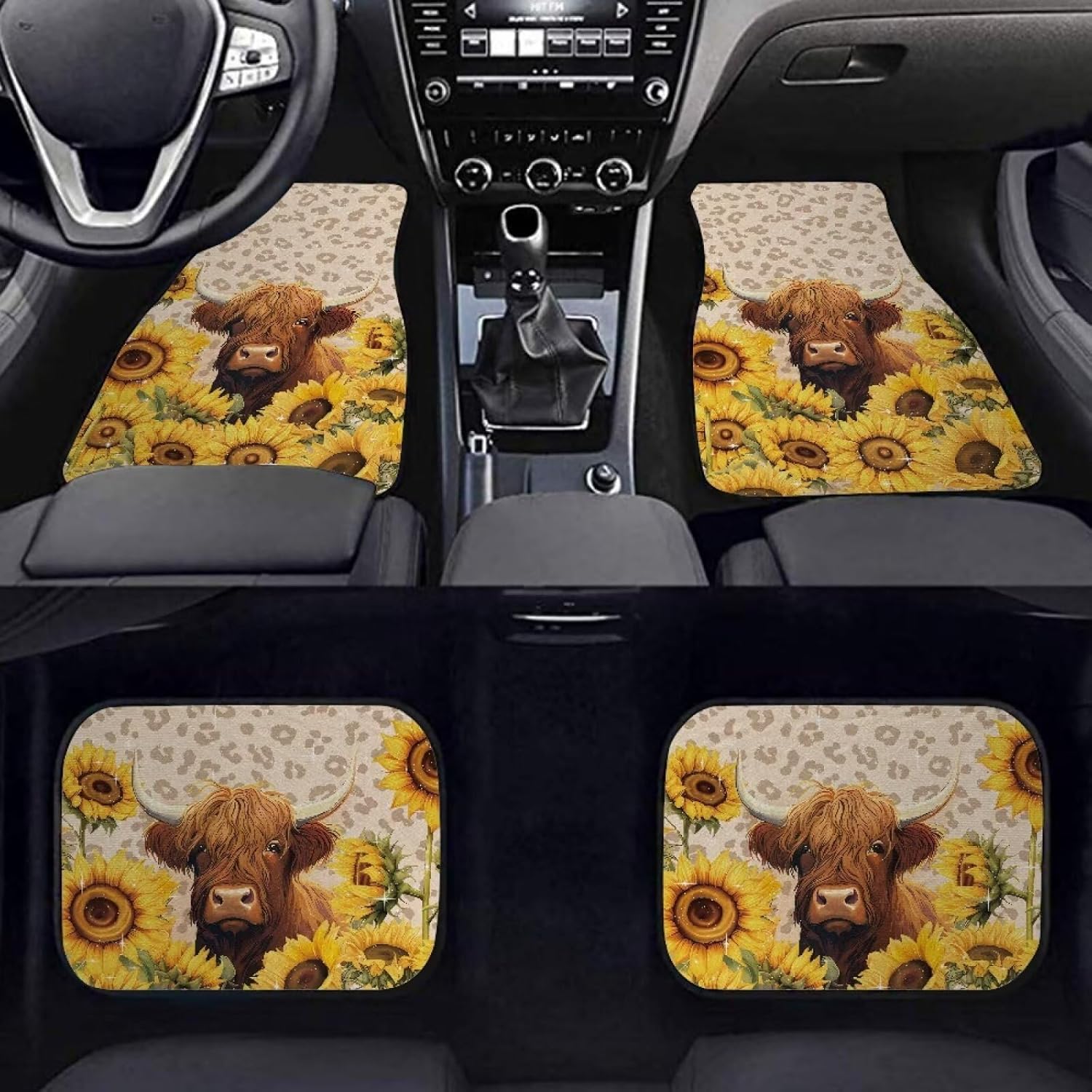 Highland Cow Sunflower 4 Pieces Automotive Floor Mats with Anti-Slip Pad Removable Automotive Accessories Easy to Install for SUV,Vans,sedans,Trucks,Car Mats Full Set 4 Pcs