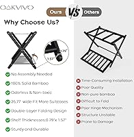 Vista 6 de Portaequipajes negro totalmente montado para habitación de invitados, soporte plegable de bambú para maleta con 5 correas de nailon, soporte