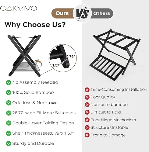 Miniatura 6 de Paquete de 2 portaequipajes negros totalmente montados, soporte plegable de bambú para maleta de 26.77 pulgadas para habitación de invitados con 5